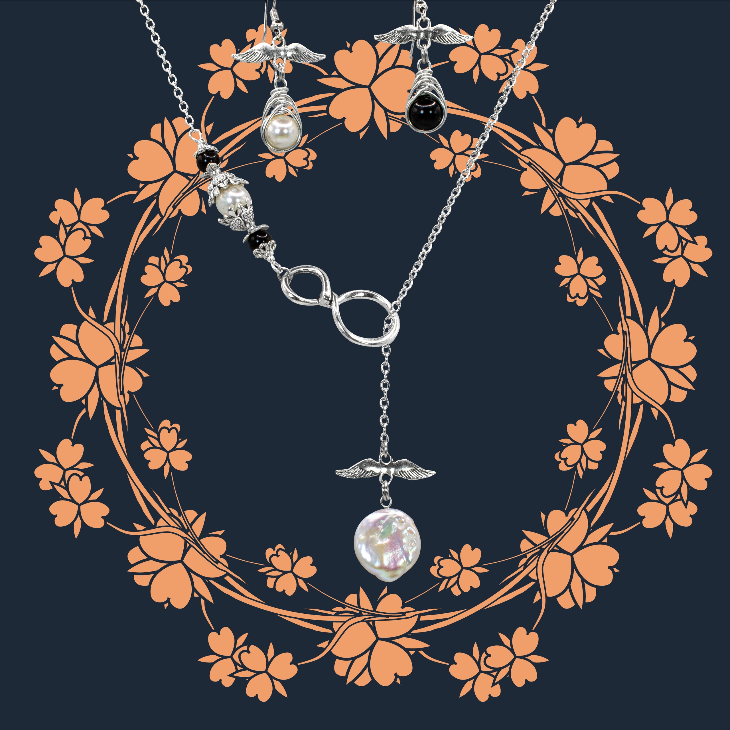 Оригинальный Комплект Украшений с Жемчугом и Обсидианом  "Blасk аиd Wh - фото товара