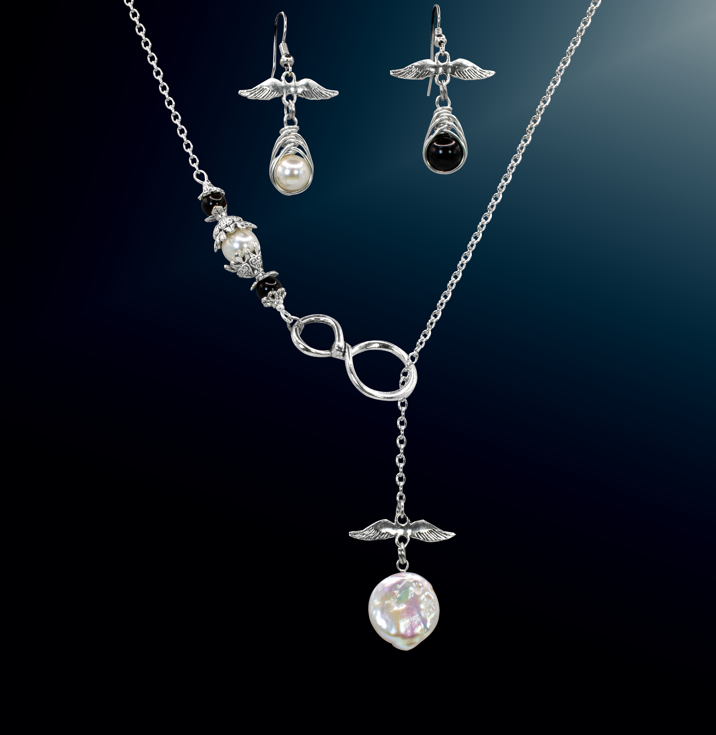 Изображение 2 товара Оригинальный Комплект Украшений с Жемчугом и Обсидианом  "Blасk аиd Whitе"