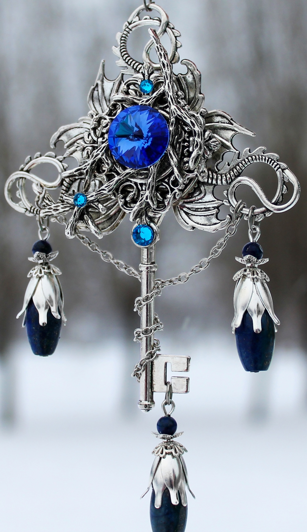 Дополнительное фото товара Винтажный Кулон - Ключ с кристаллами Сваровски и натуральным Лазуритом