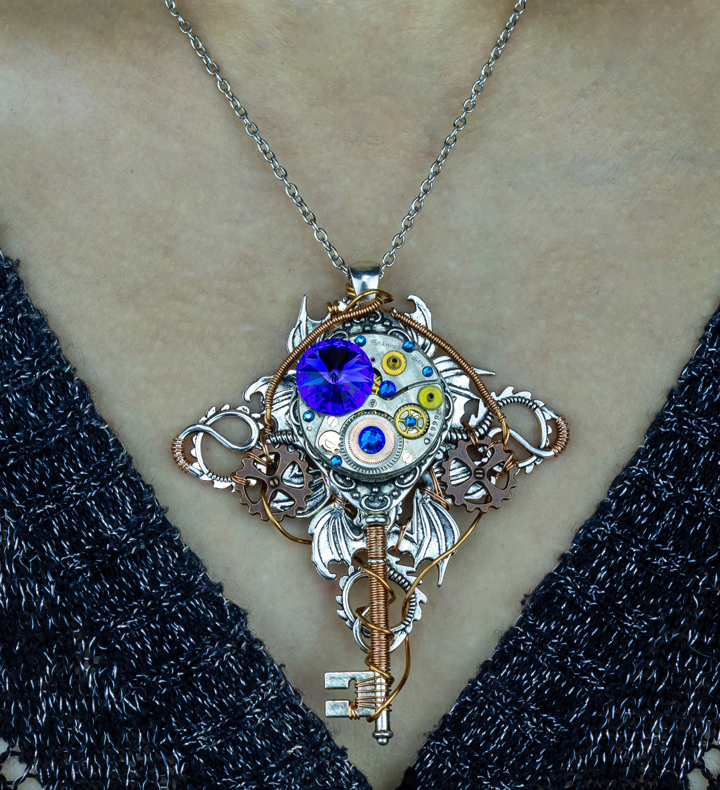 Винтажный Кулон-Ключик со Swаrоvski и Винтажным Часовым Механизмом "Ст - фото товара