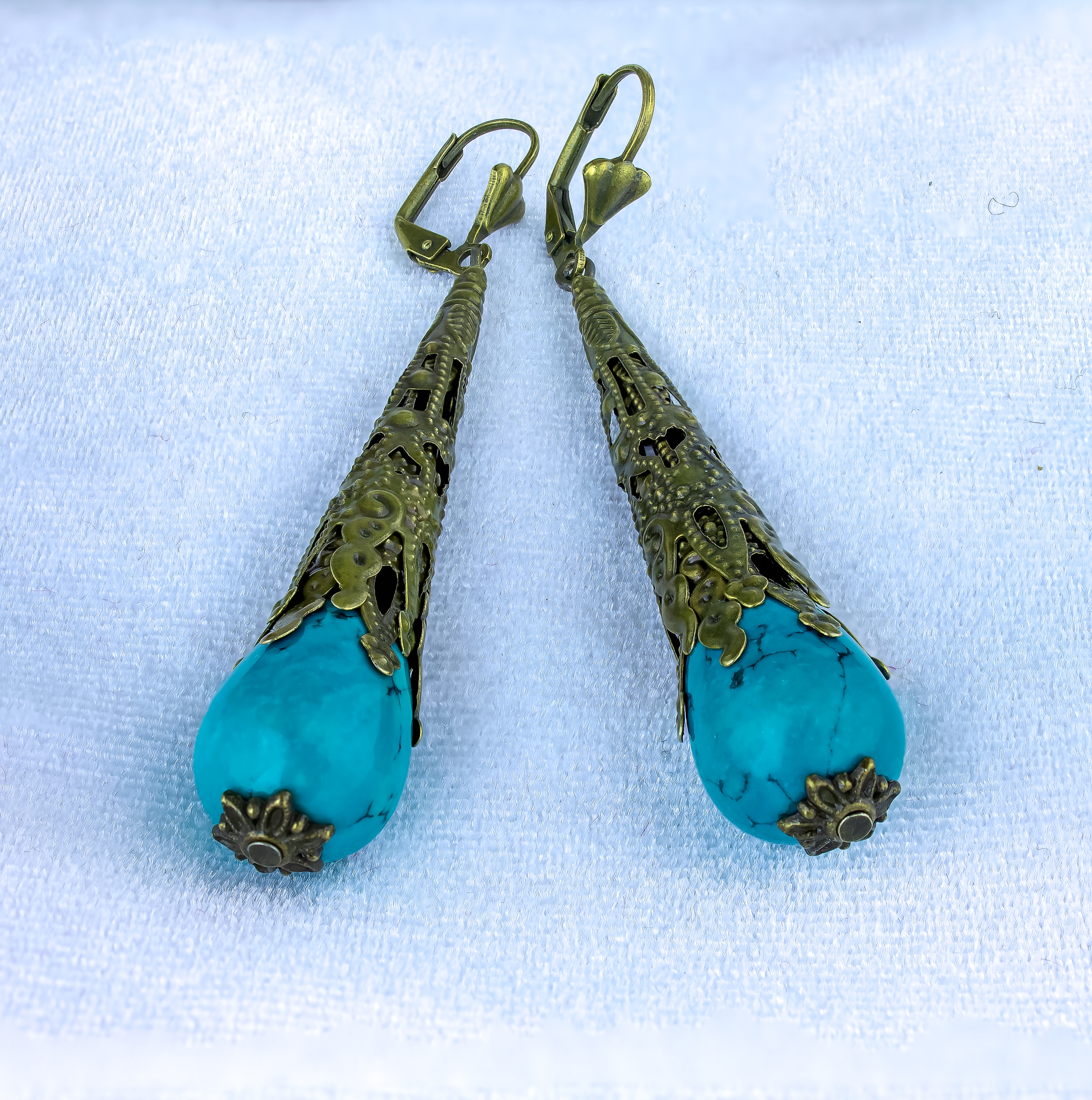 Дополнительное фото товара Винтажные Серьги с Натуральной Бирюзой в Виде Капель "Богиня Моря"