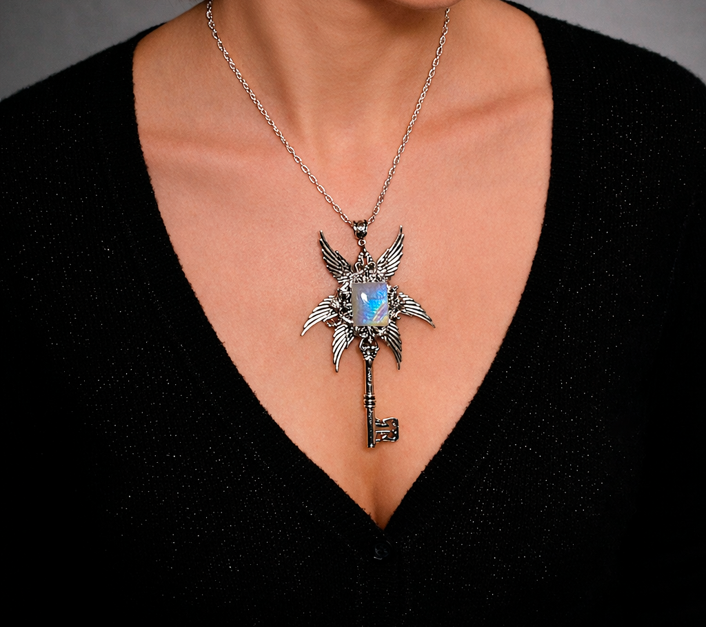 Изображение 2 товара Комплект Украшений «Лунный Оберег» (серьги и ключ) с Натуральным Лунным Камнем