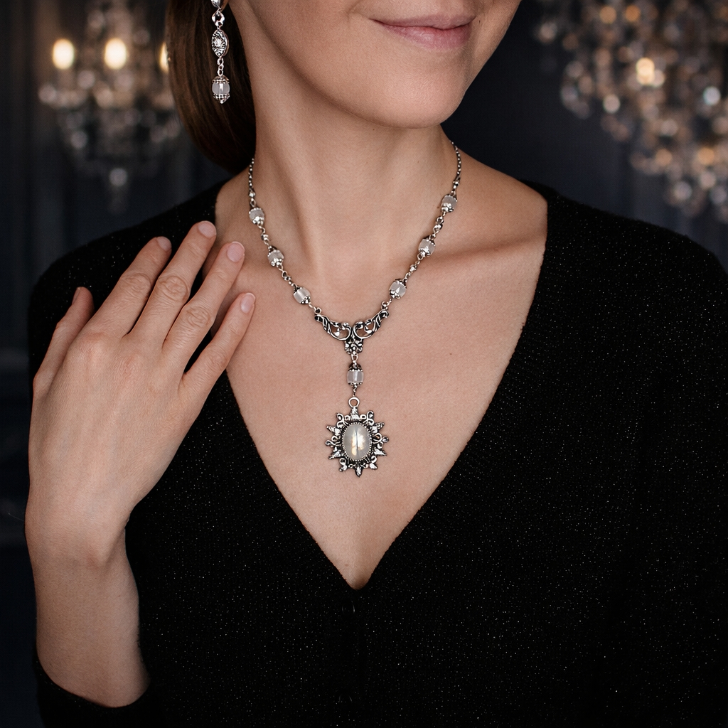 Изображение 3 товара Комплект Колье+ Серьги "Ведьмин Глаз" с Натуральным Редким Лунным Камнем