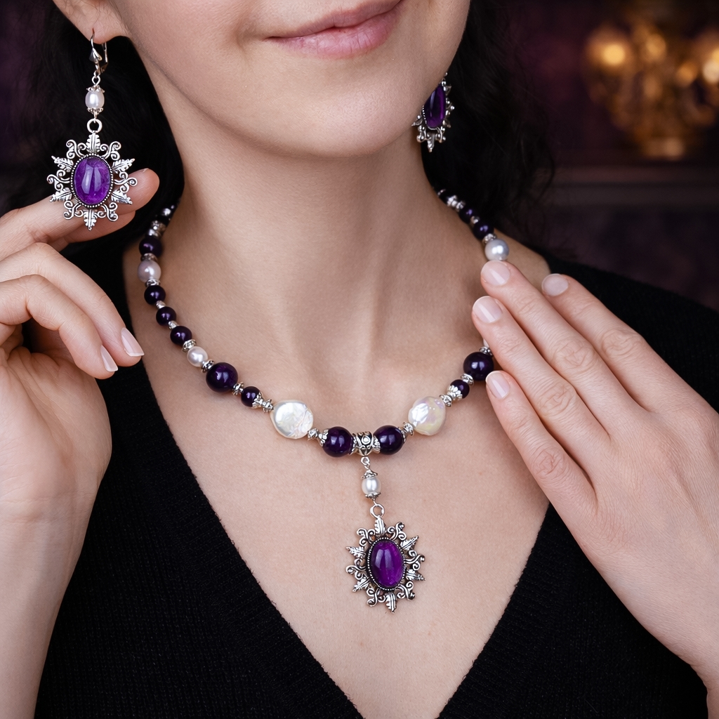 Изображение 2 товара Комплект Украшений (колье и серьги) с Натуральным Аместистом и Жемчугом