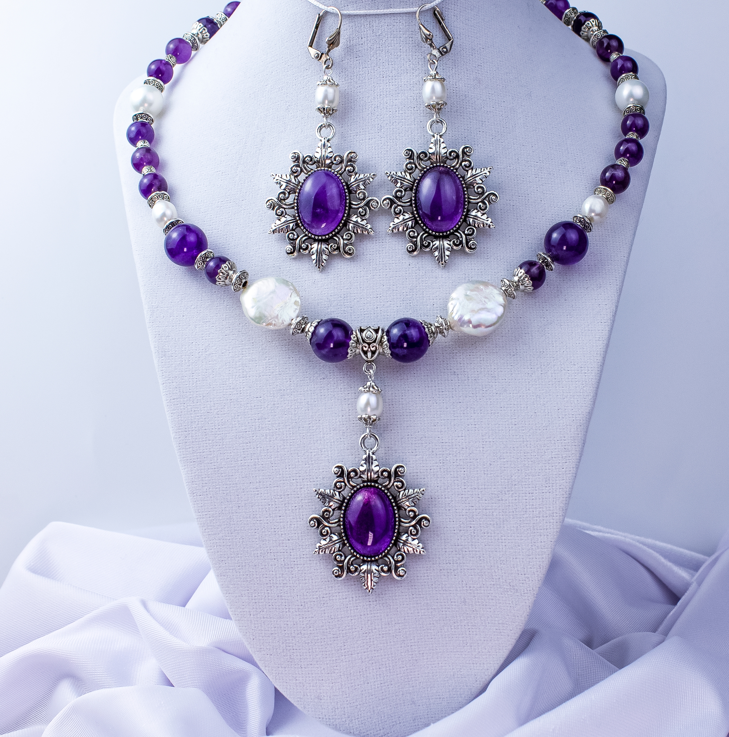 Комплект колье + серьги «Королевский Аметист» с натуральным аметистом  - фото товара