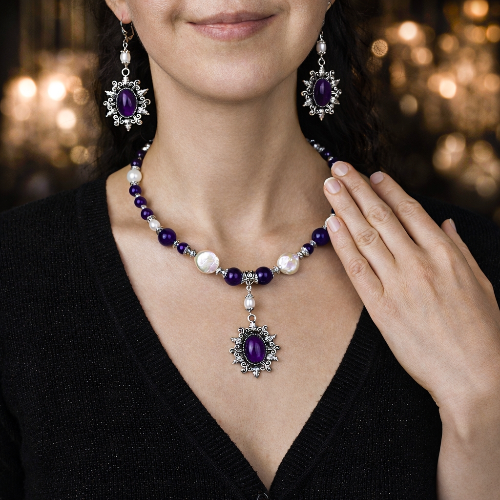 Комплект колье + серьги «Королевский Аметист» с натуральным аметистом  - фото товара