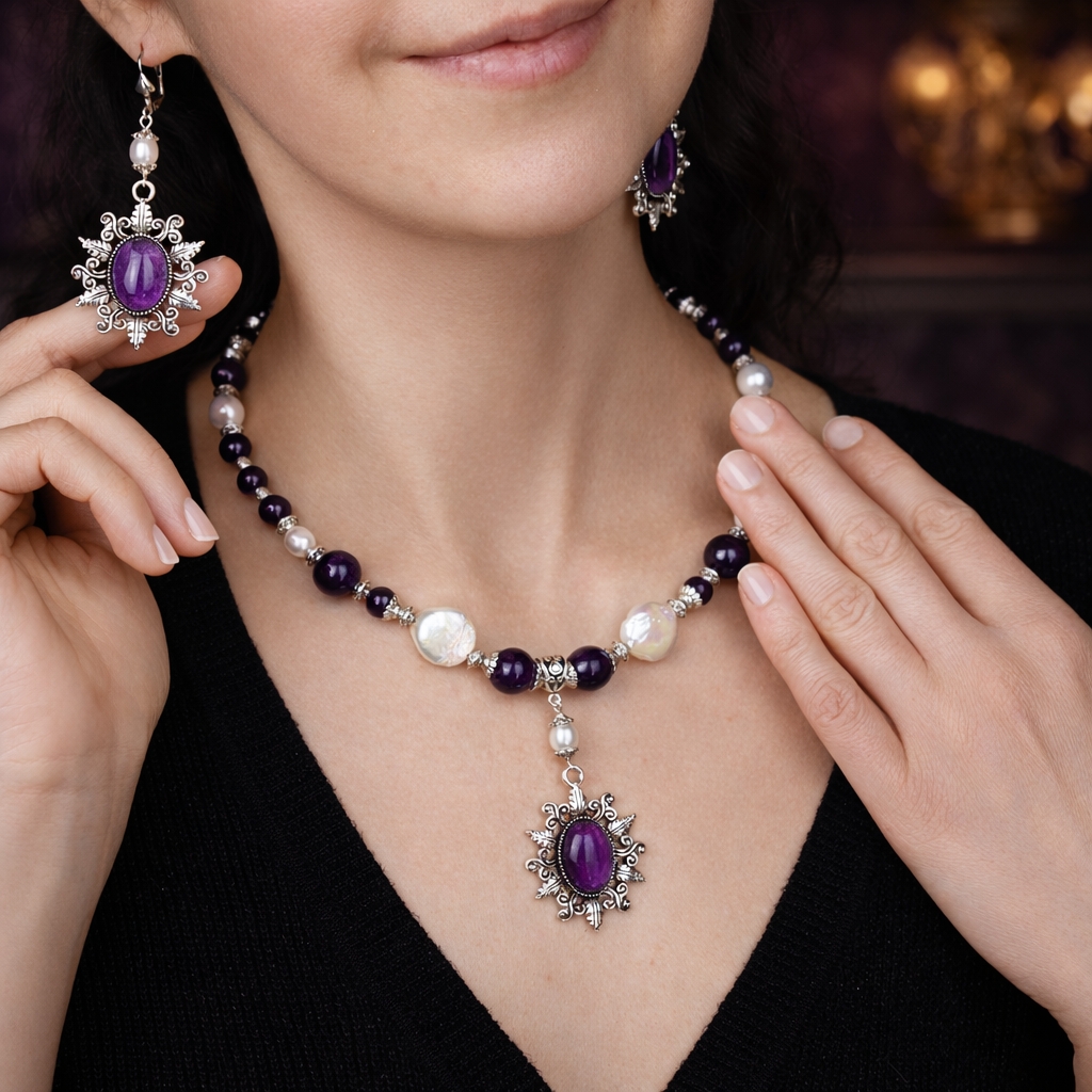 Изображение 4 товара Роскошное Колье «Королевский Аметист» с Натуральным Аметистом и Жемчугом