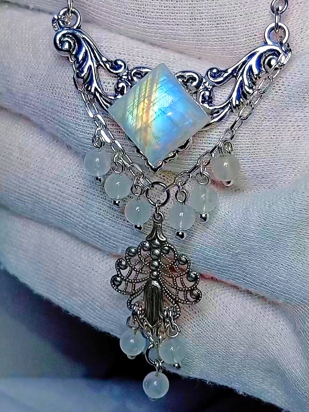 Комплект Украшений (колье и серьги) с Натуральным Редким Лунным Камнем - фото товара