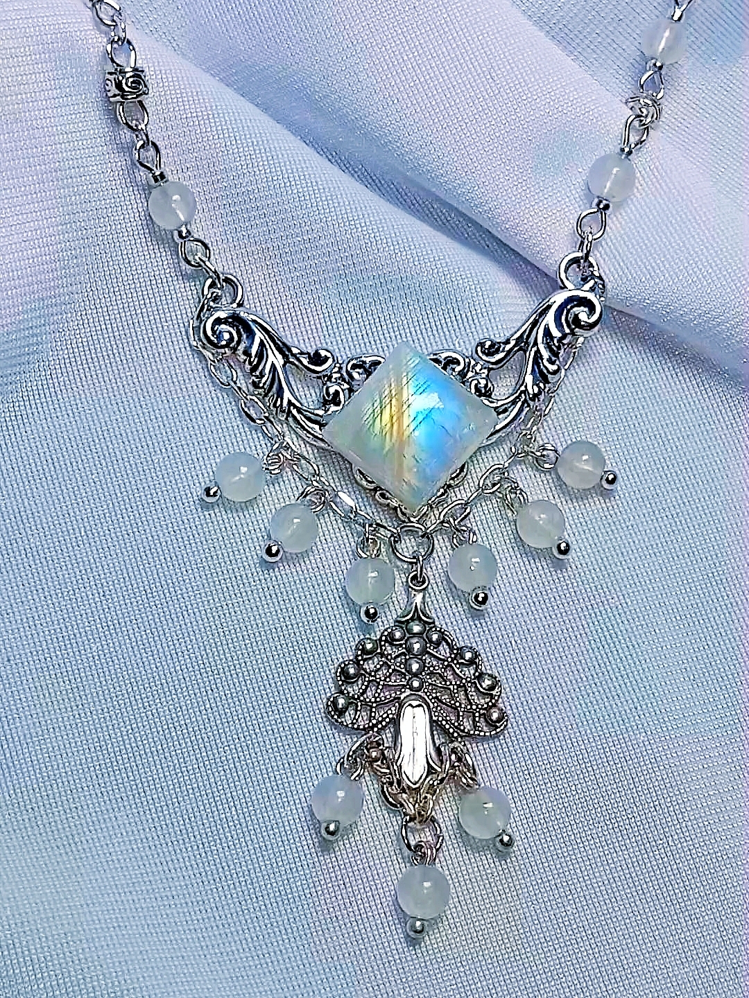 Комплект Украшений (колье и серьги) с Натуральным Редким Лунным Камнем - фото товара