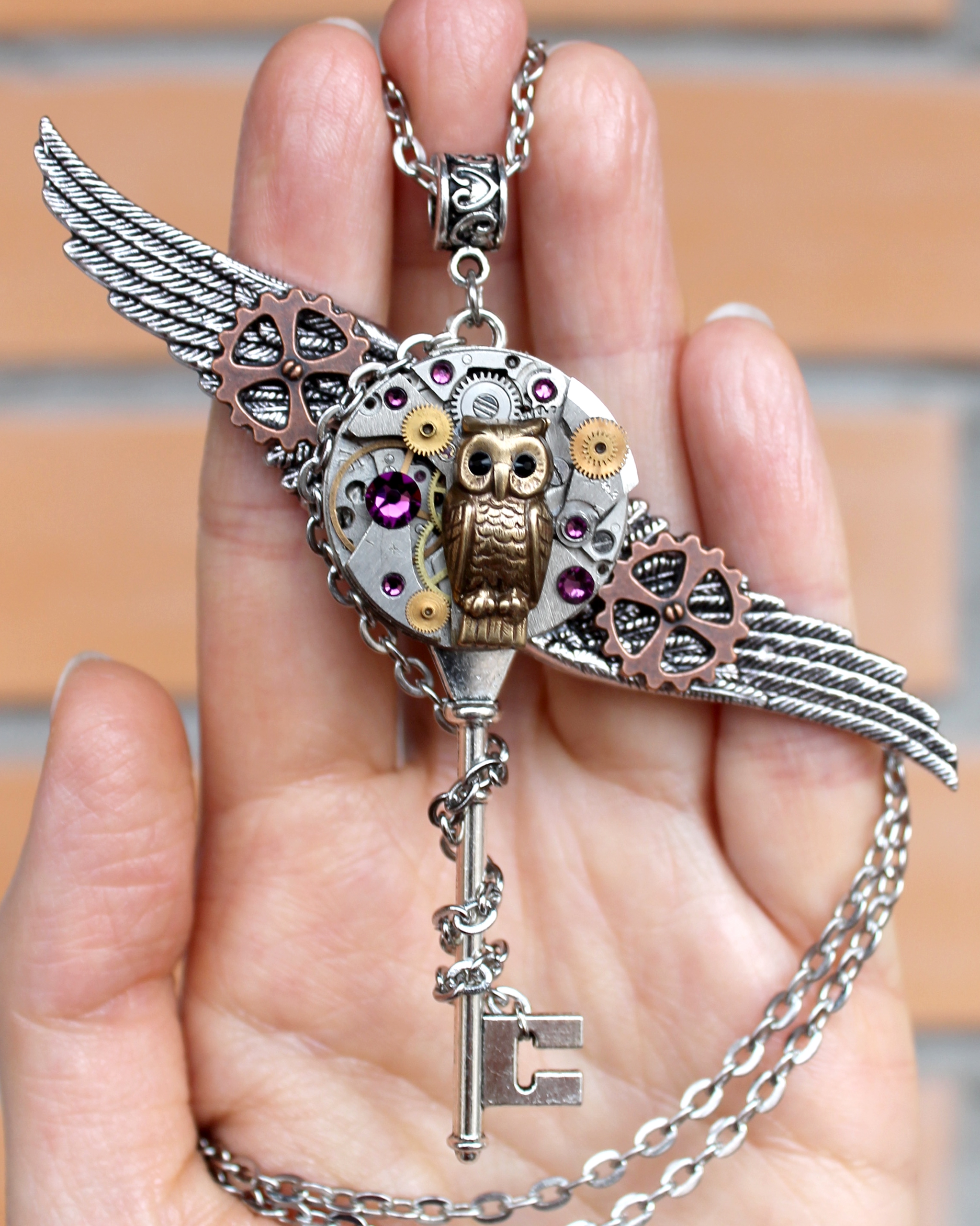 Стимпанк кулон-ключик «Мудрость Совы» со Сваровски
