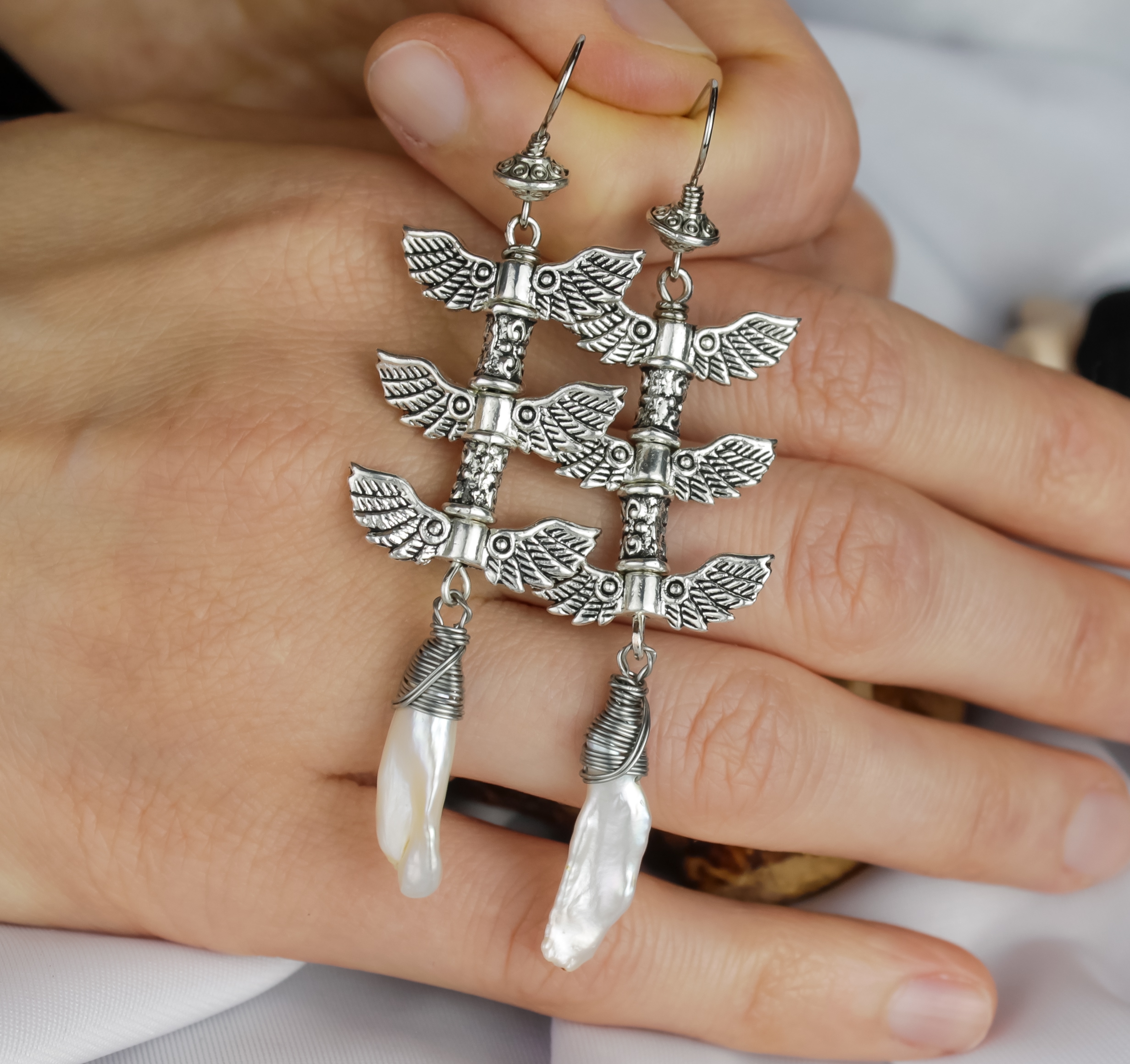 Винтажные шестикрылые серьги с жемчугом