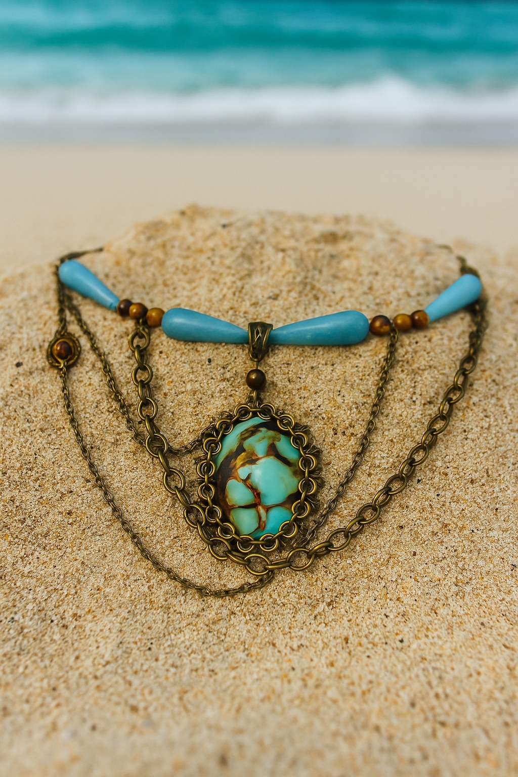 БОХО колье «Морская Богиня» с аквамарином, тигровым глазом и агатом