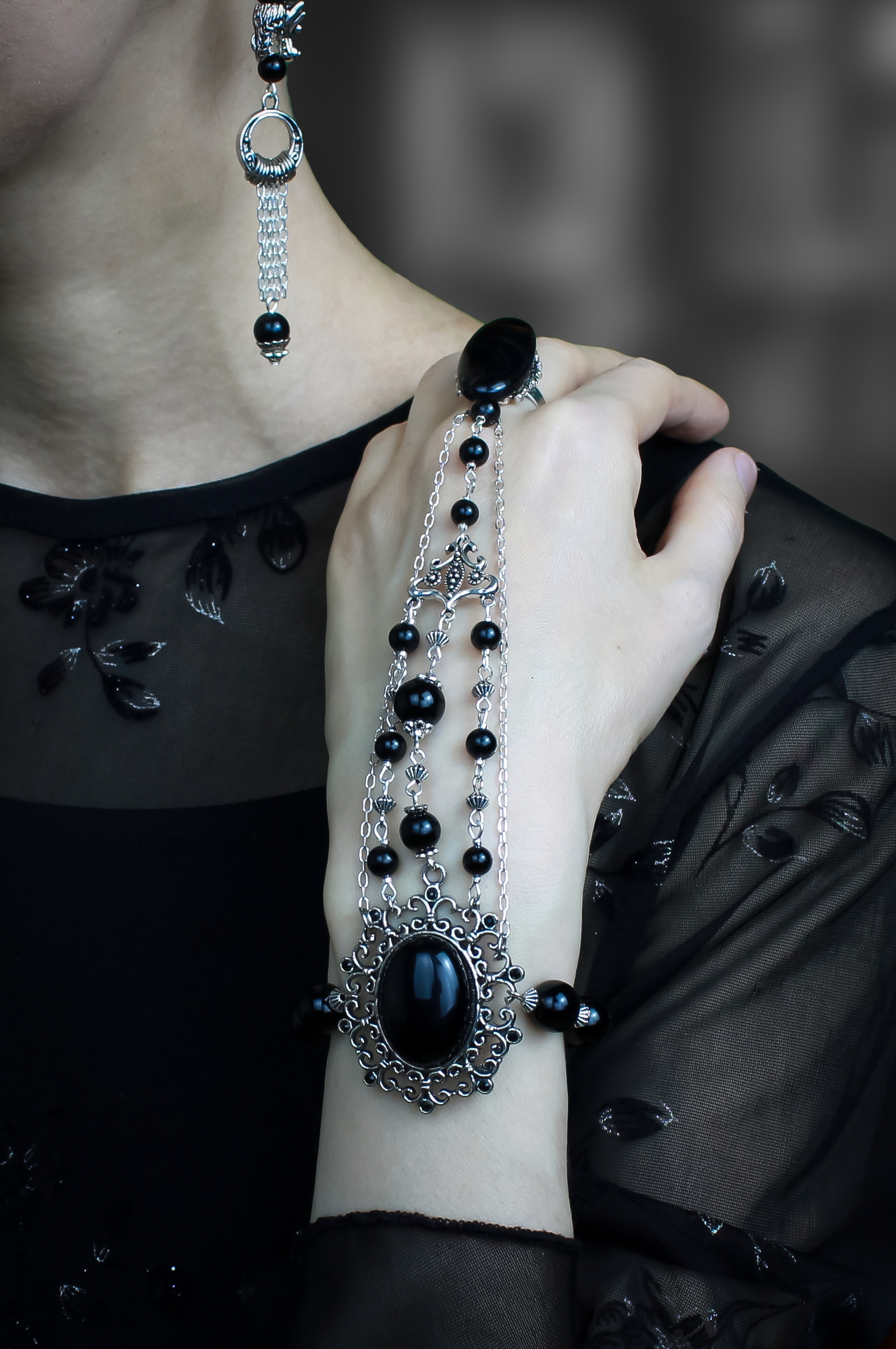 Комплект Бархатная ночь обсидиан агат