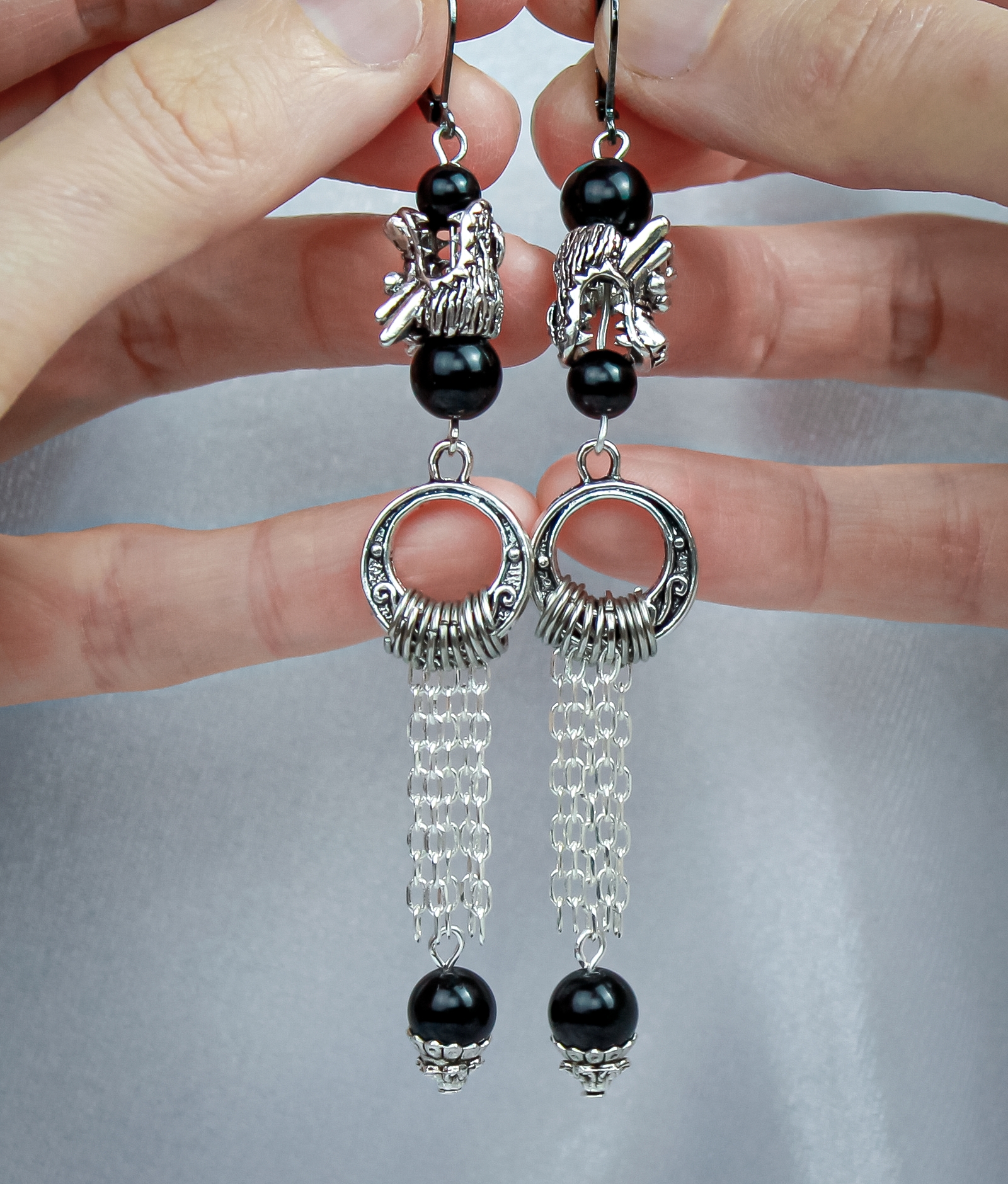 Винтажные длинные серьги Сила Дракона обсидиан