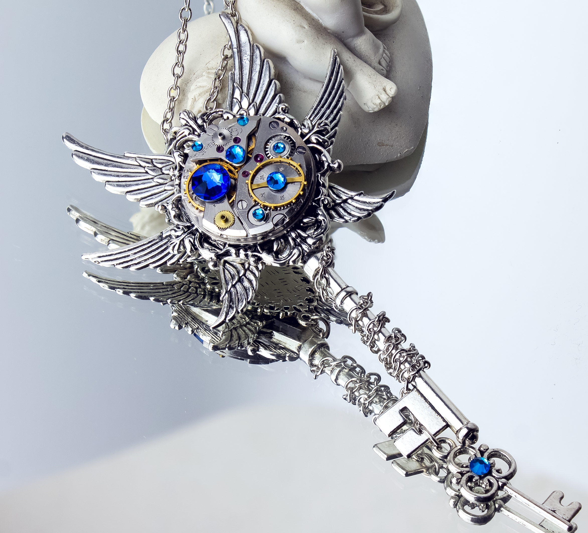 Стимпанк Кулон - Ключик "Ангел" с Винтажным  Механизмом и Сваровски