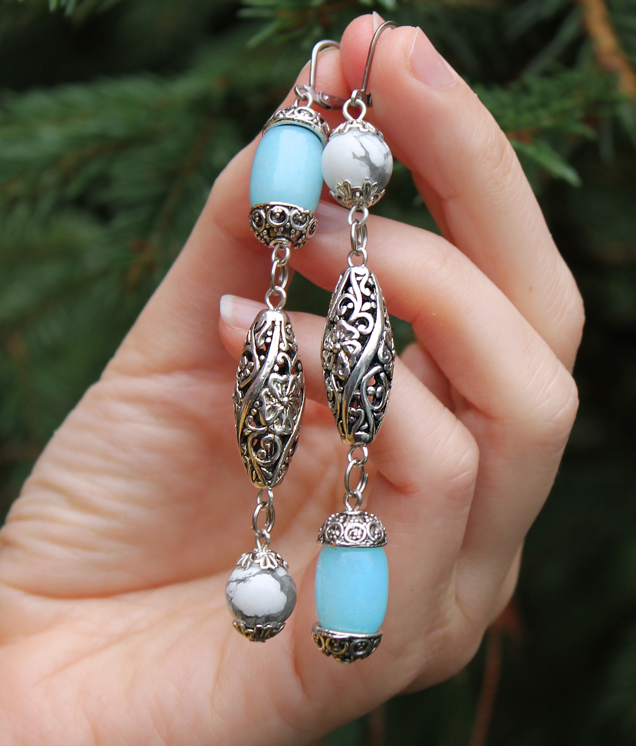 Роскошные серьги Вдохновение аквамарин кахолонг