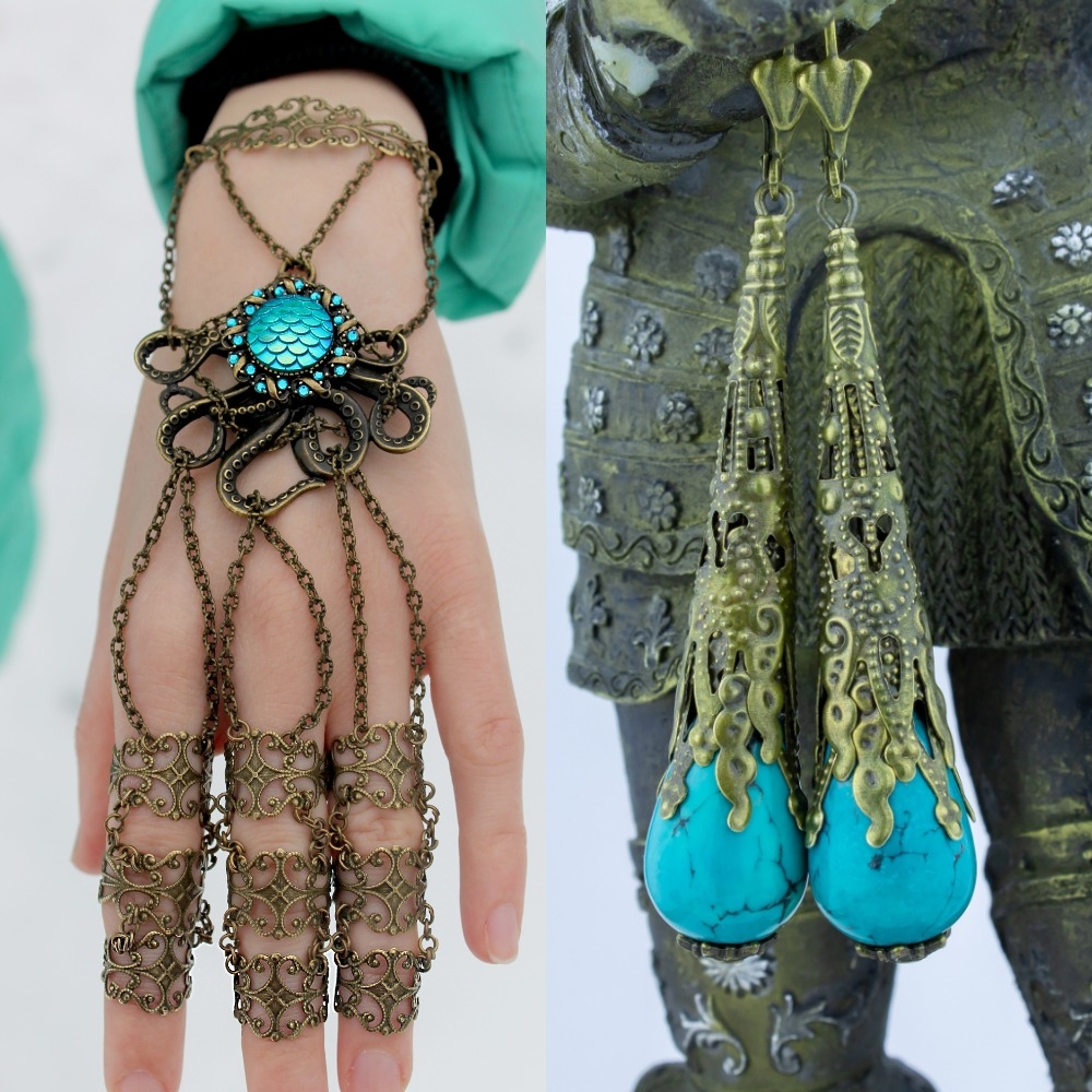 Винтажный Комплект с кисталлами Сваровски и нат. Бирюзой "Брызги Океана""