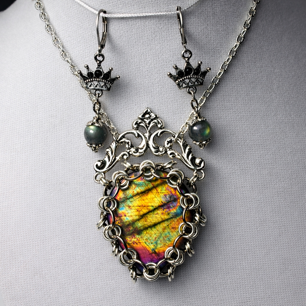 Комплект Украшений: Кулон и Серьги с Редким Лабрадором «Сокровище»