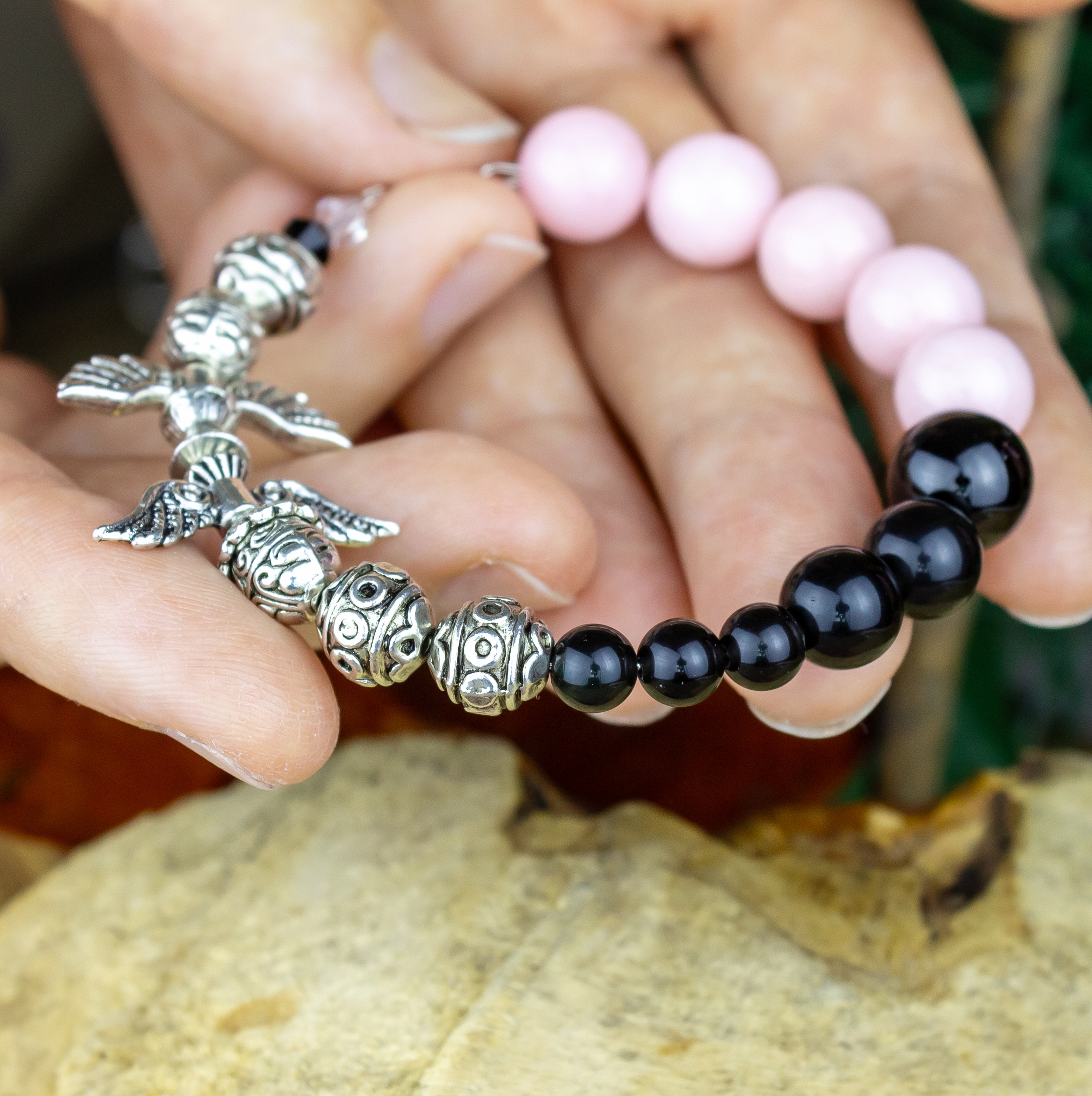 Браслет с обсидианом и жадеитом