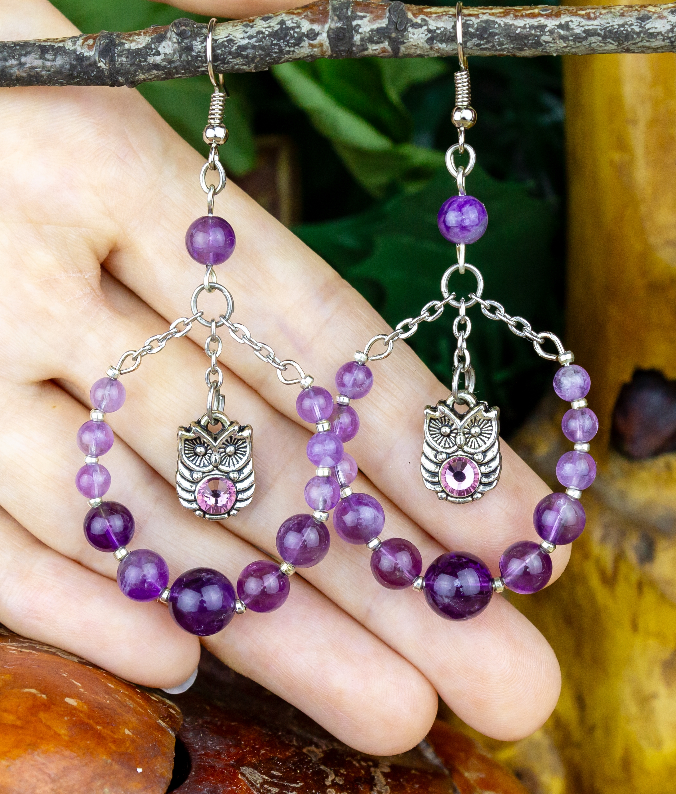 Оригинальные фиолетовые серьги с аметистом и Сваровски «Совушки»