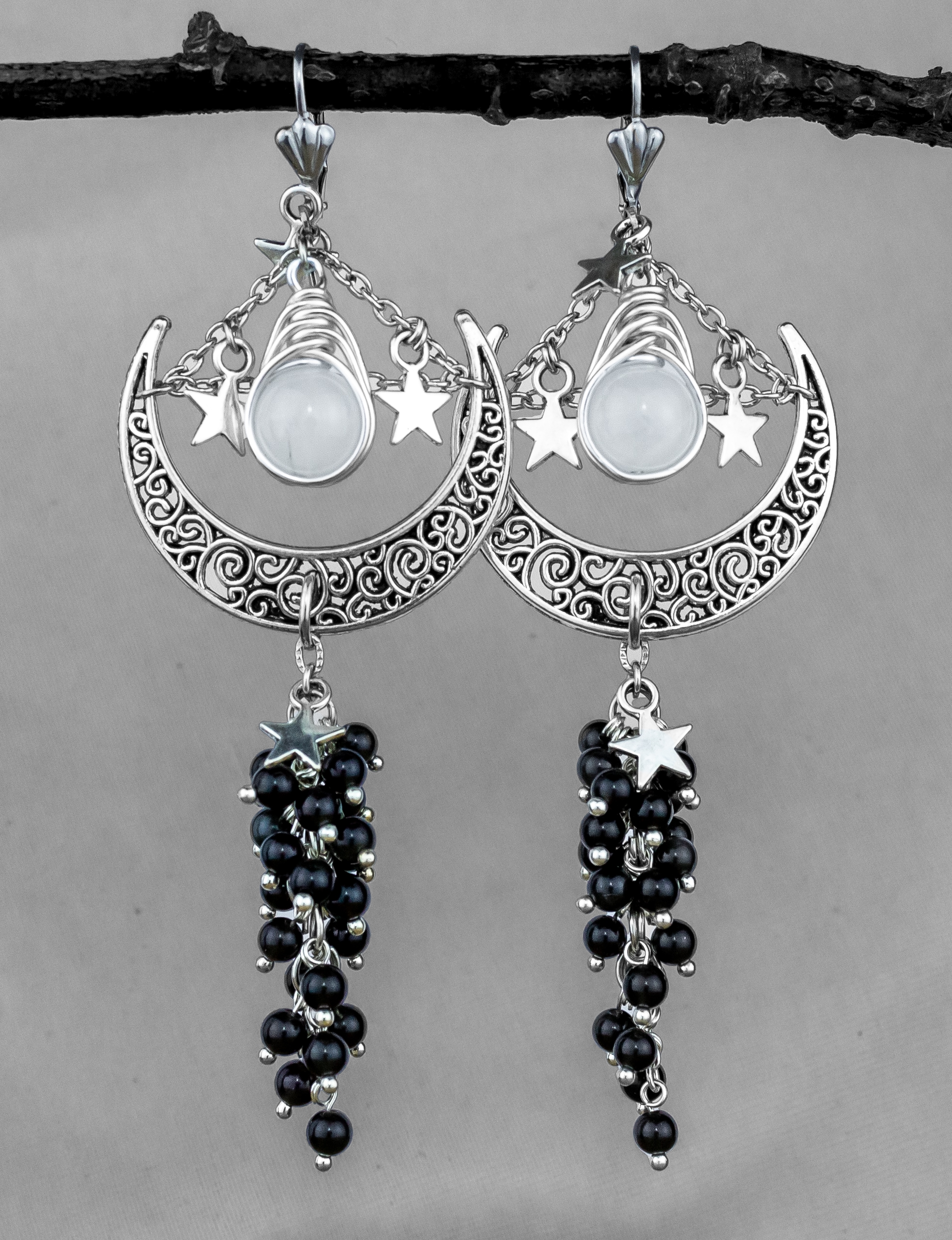 Роскошные серьги Императрица лунный камень обсидиан