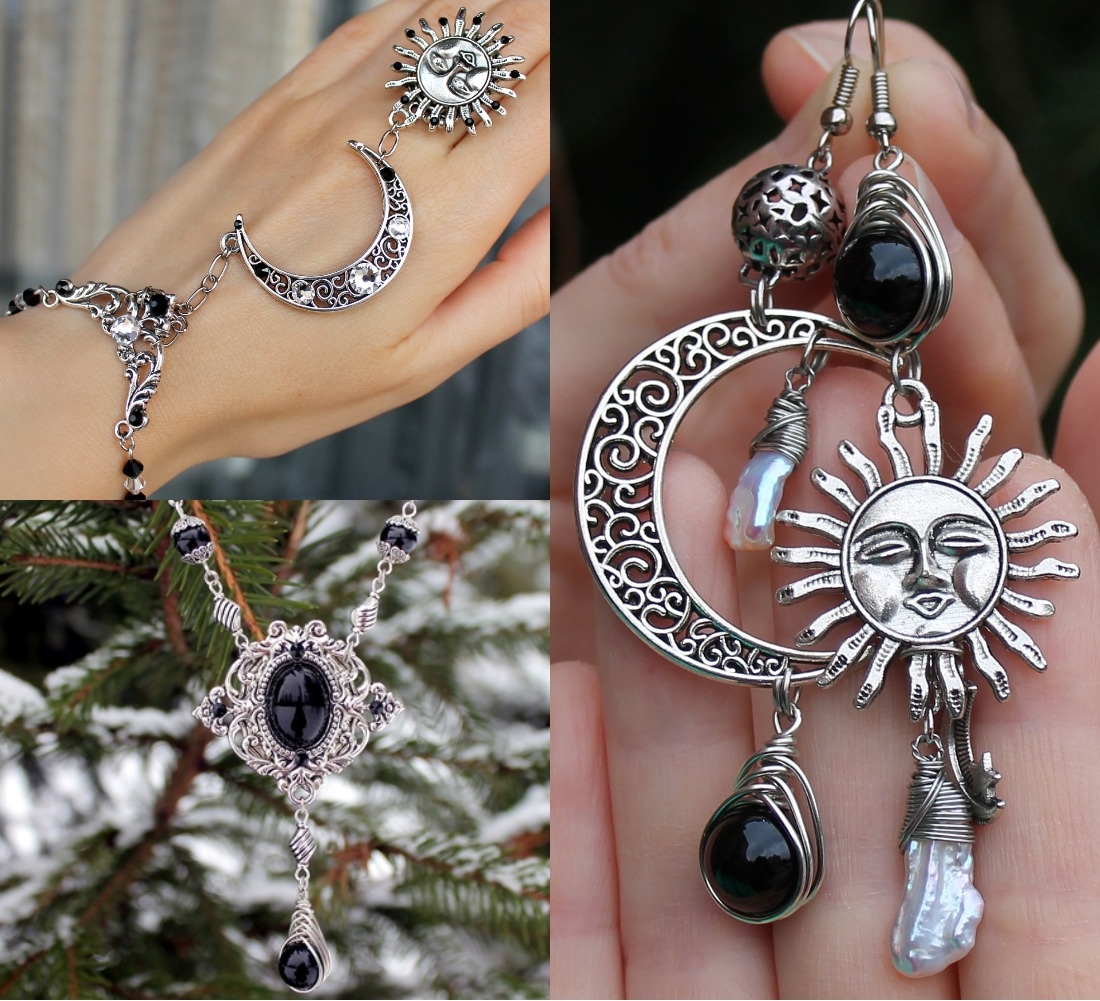 Винтажный комплект жемчуг обсидиан сваровски