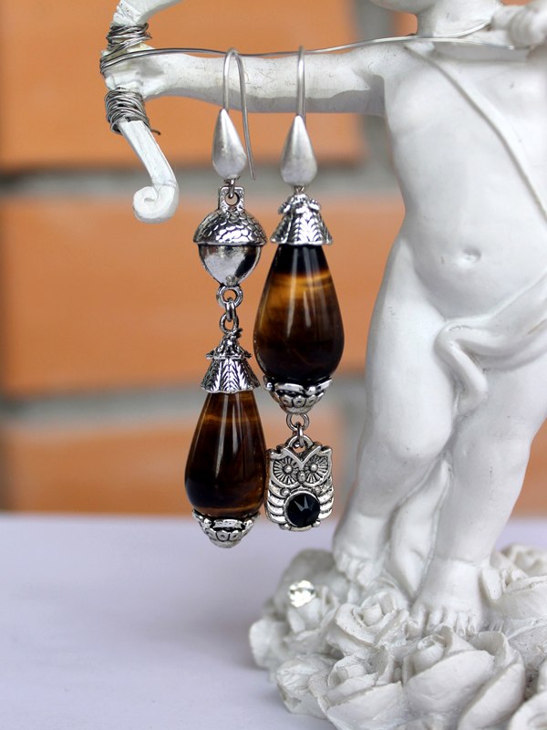 Серьги «Owl Morning» с натуральным тигровым глазом