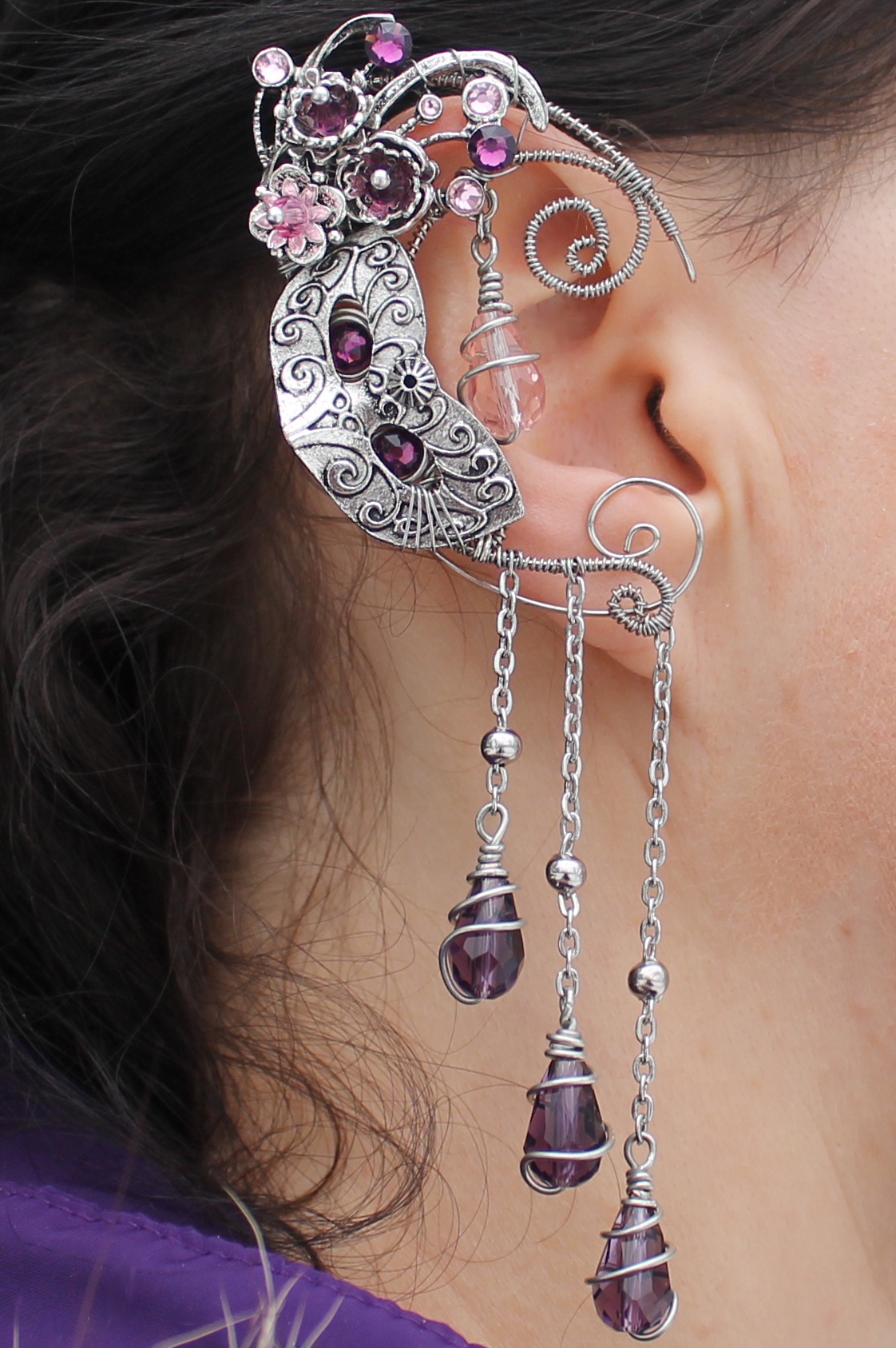 Эльфийский кафф со Сваровски, цветами и маской – украшение на ухо