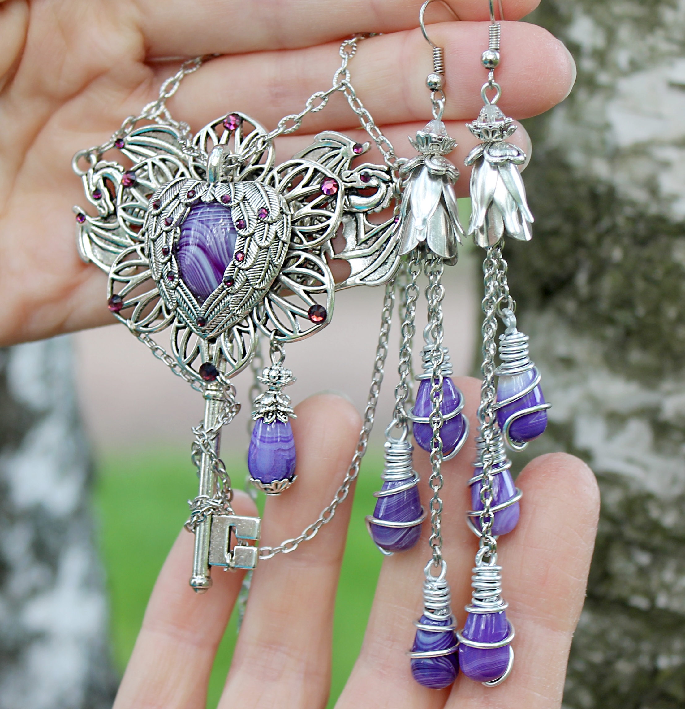 Красивый винтажный комплект с агатом и кристаллами Swarovski