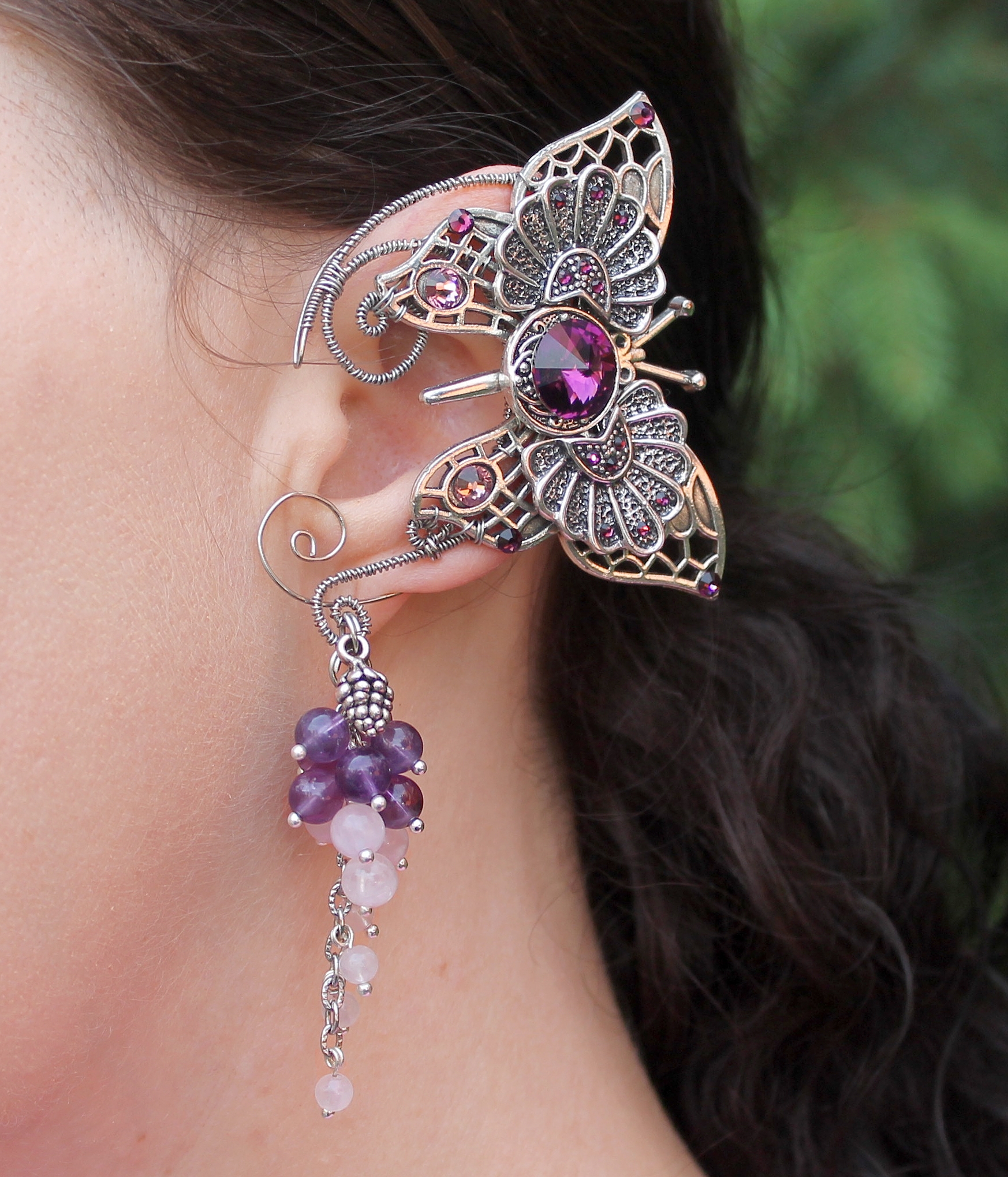 Моносерьга-кафф аметист розовый кварц