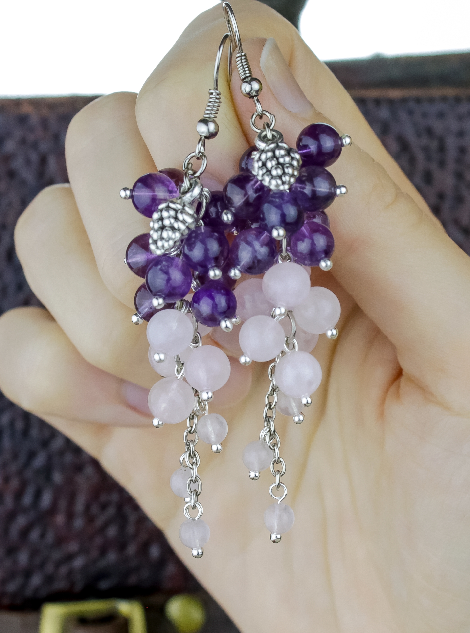 Серьги-гроздья с натуральными камнями – аметистом и розовым кварцем