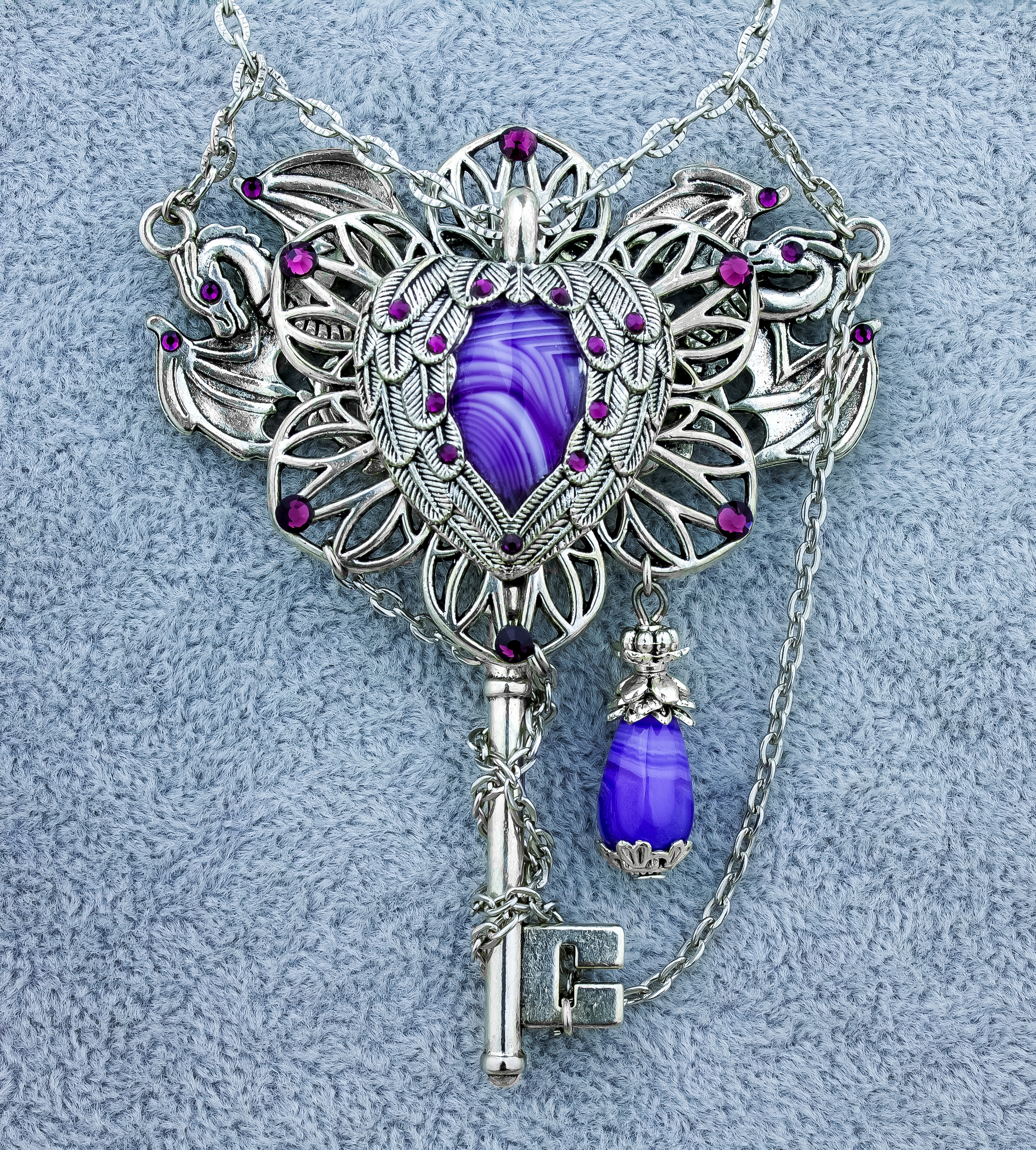 Красивый винтажный кулон-ключик «Сердце Дракона» с натуральным агатом