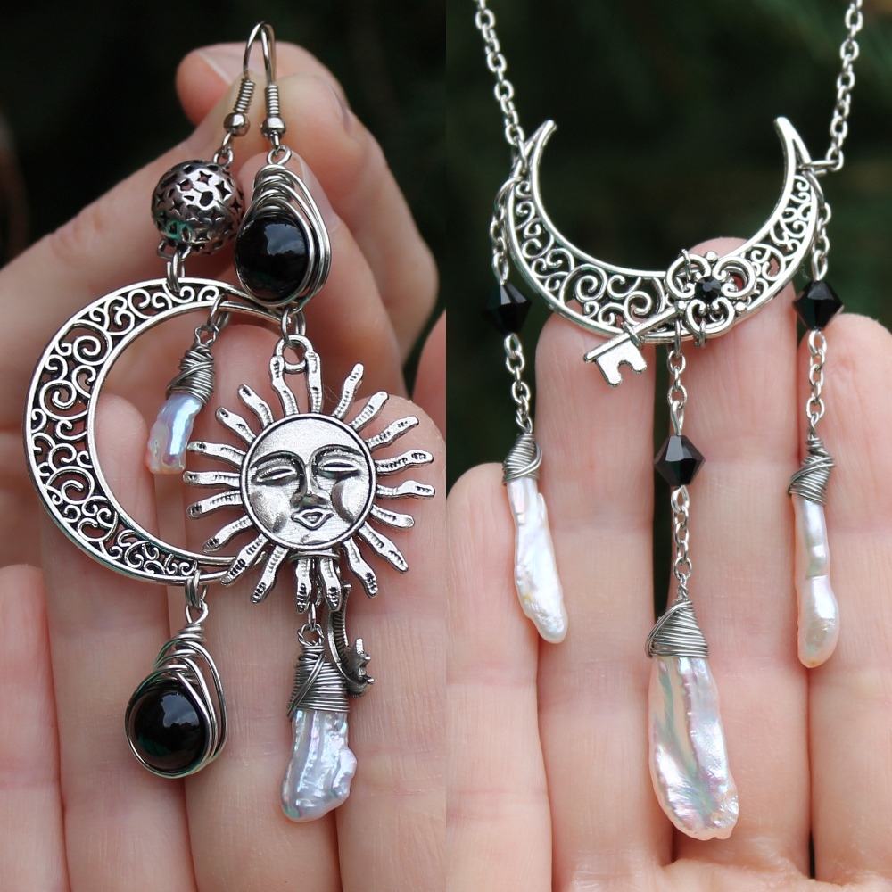 Винтажный комплект жемчуг обсидиан сваровски