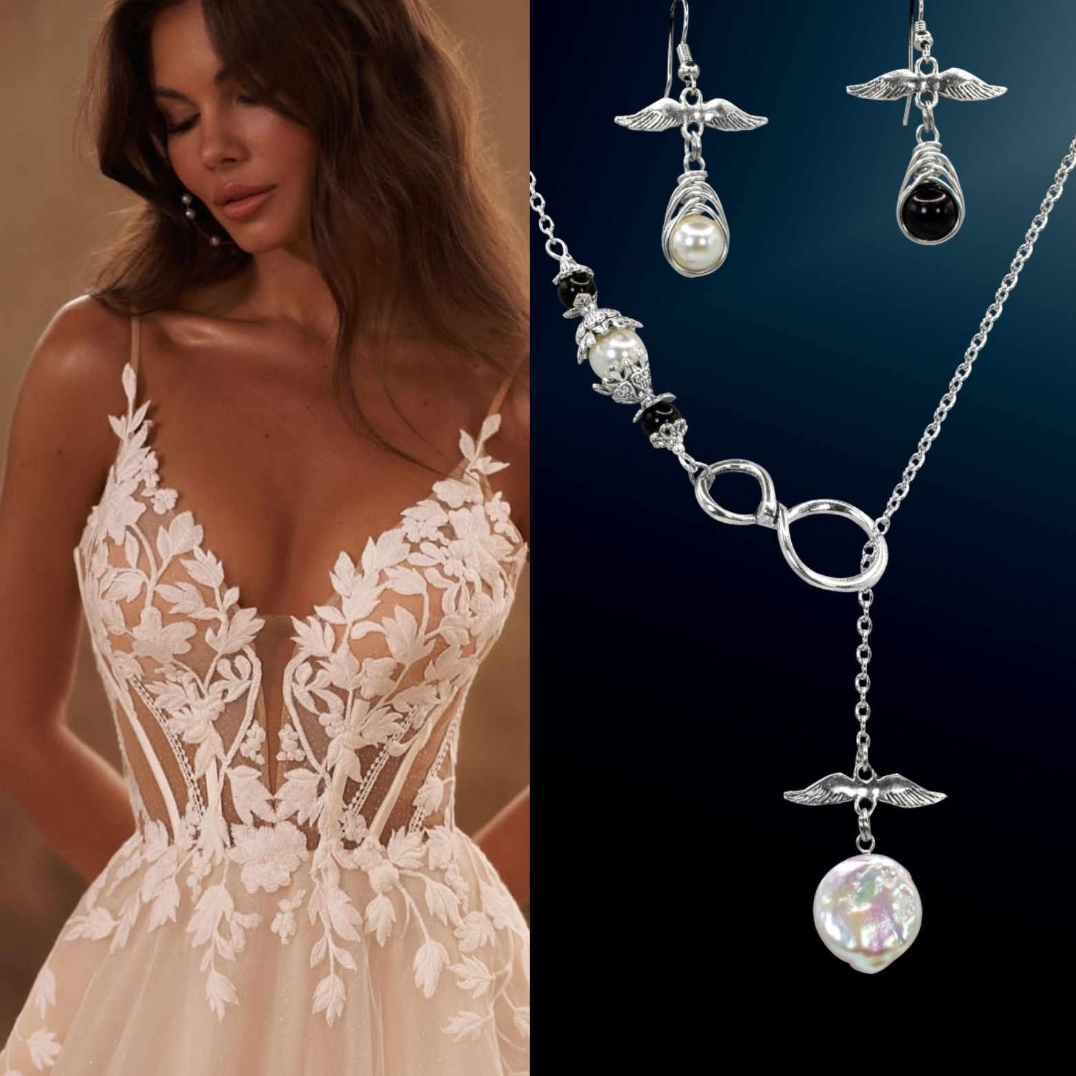 Комплект Black and White жемчуг обсидиан