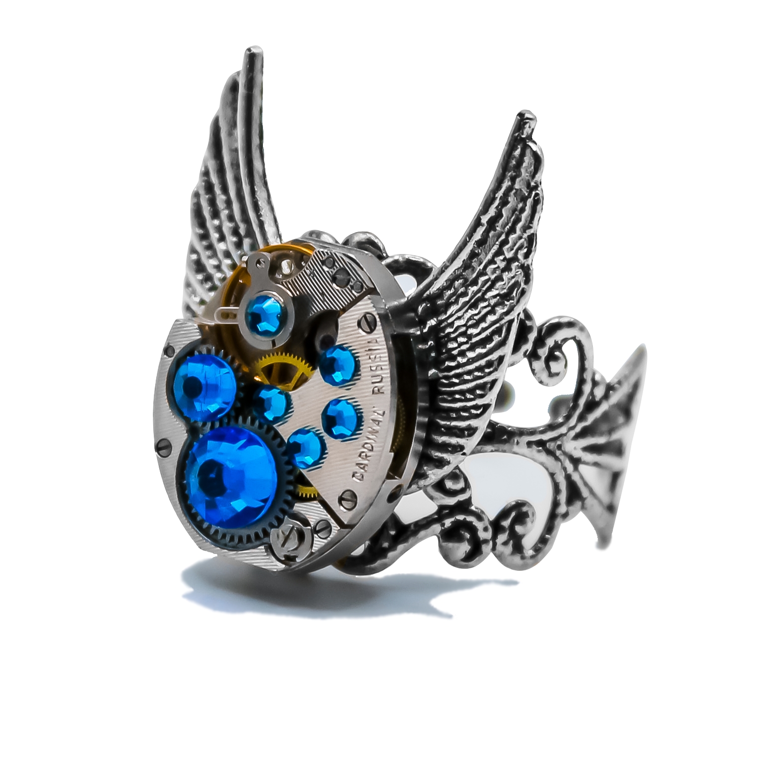 Стимпанк кольцо «Крылья» с кристаллами Swarovski и часовым механизмом