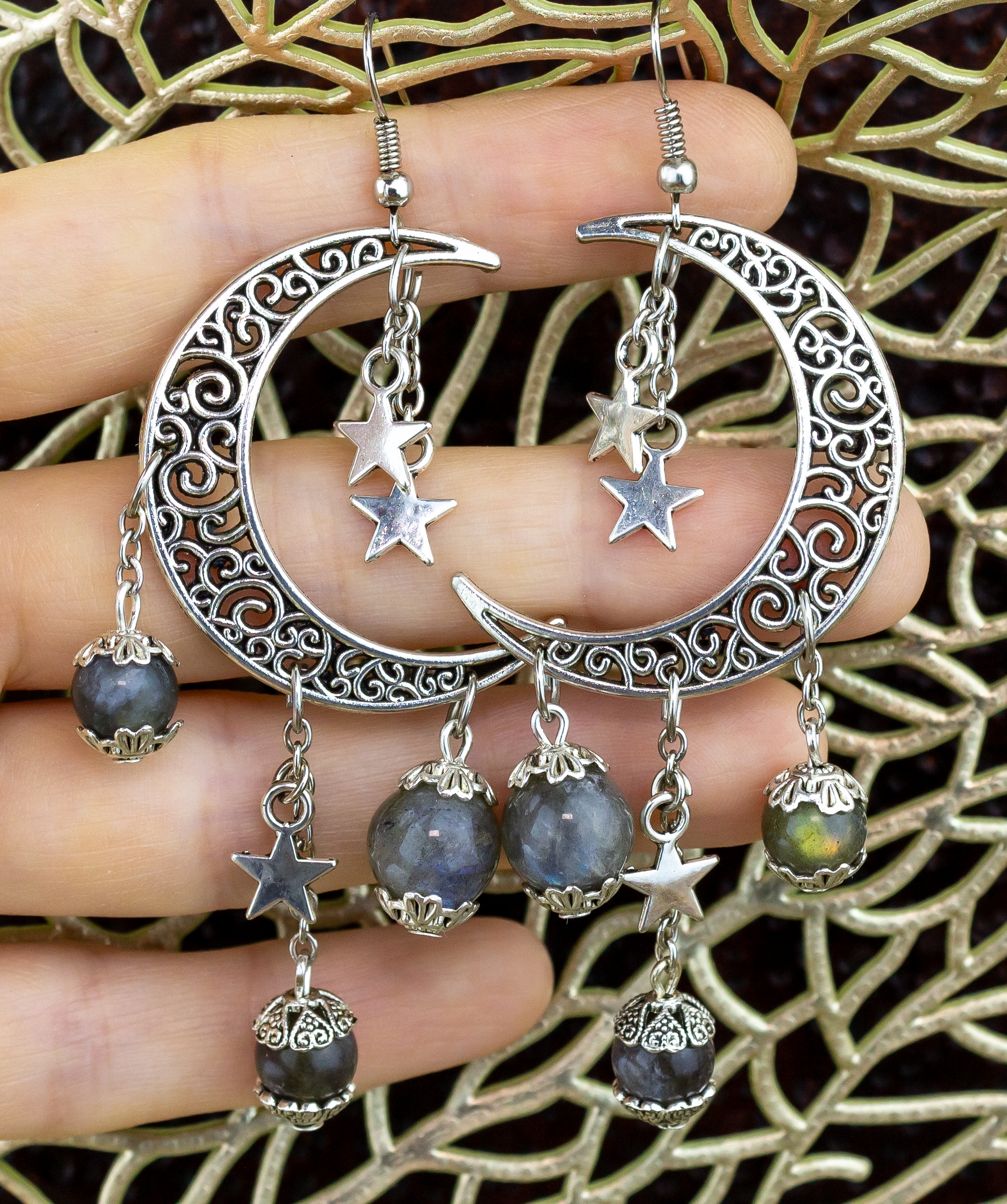 Красивые серьги «Звёздное небо» с натуральным лабрадоритом