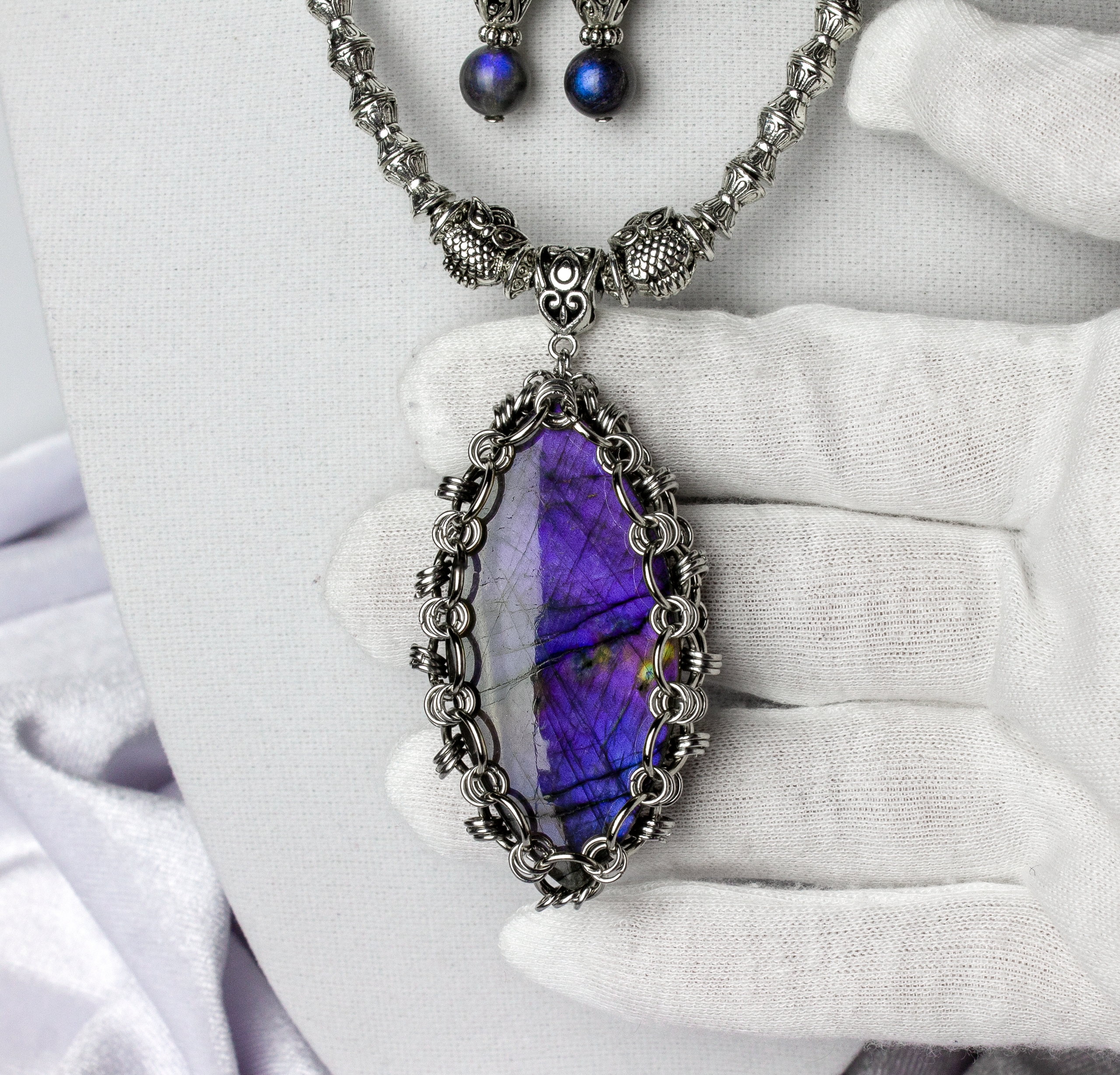 Купить Комплект Колье+ Серьги "Индиго" с Натуральным Редким Лабрадором в SteamStyle - фото товара