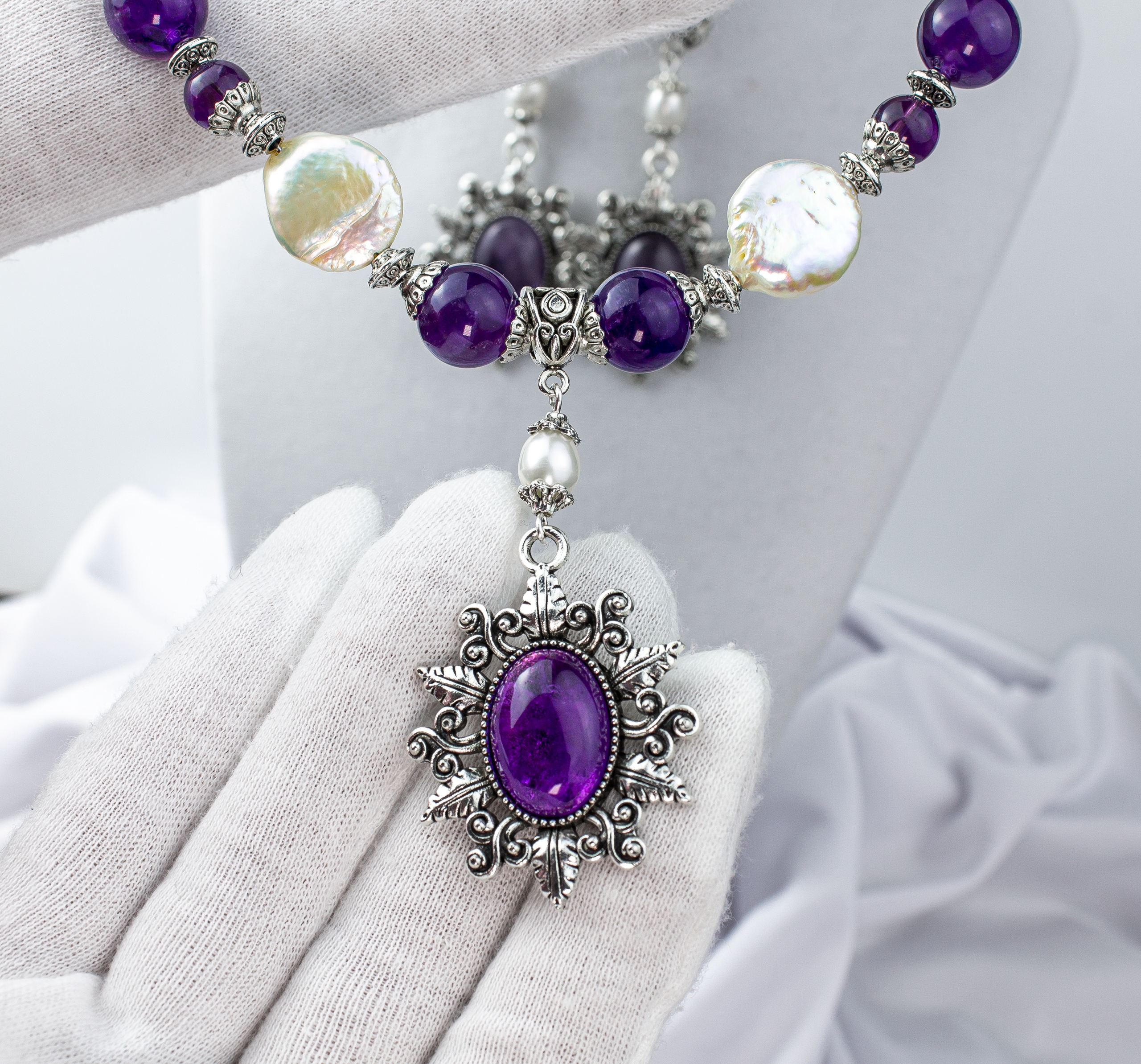 Роскошное Колье «Королевский Аметист» с Натуральным Аметистом и Жемчугом