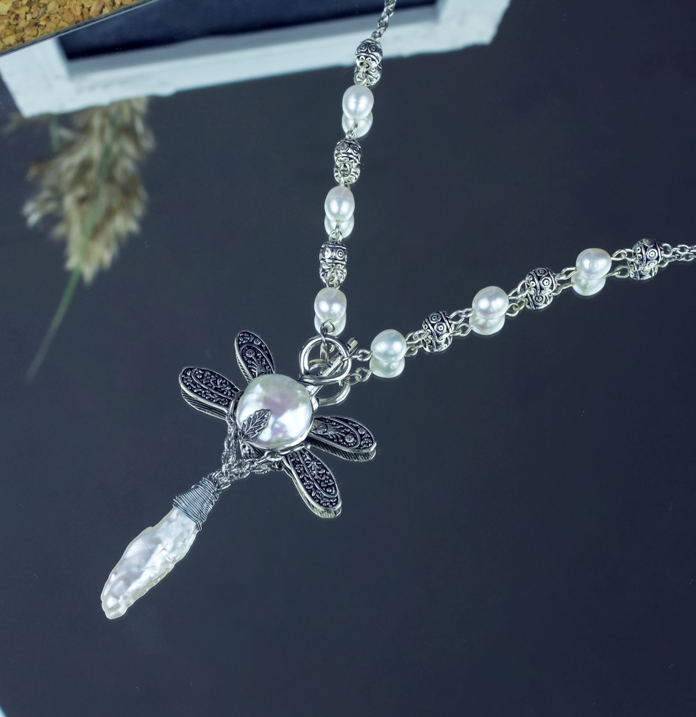 Купить Винтажное Колье с Натуральным Жемчугом "Жемчужная Cтрекоза" в SteamStyle - фото товара